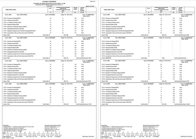 Gujarat University statement of marks Word and PDF template, 2 pages