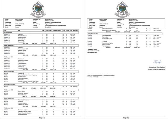 Hazara University Mansehra transcript Word and PDF template, 2 pages