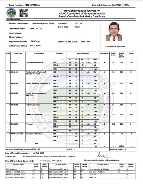 Himachal Pradesh University marks certificate Word and PDF template
