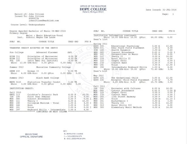 Hope College official academic transcript Word and PDF template, 2 pages