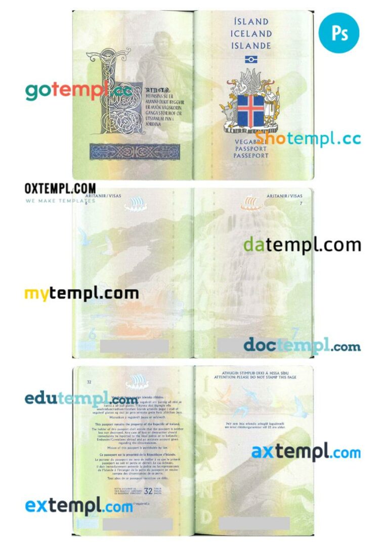 Iceland passport other pages PSD templates