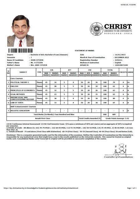 India Christ University statement of marks Word and PDF template