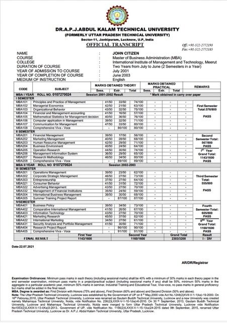 India Dr. A. P. J. Abdul Kalam Technical University official transcript Word and PDF template