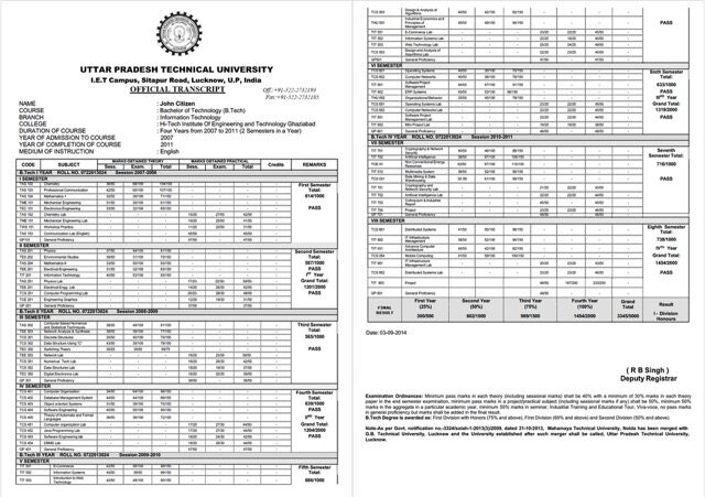 India Uttar Pradesh Technical University I.E.T Campus official transcript Word and PDF template, 2 pages