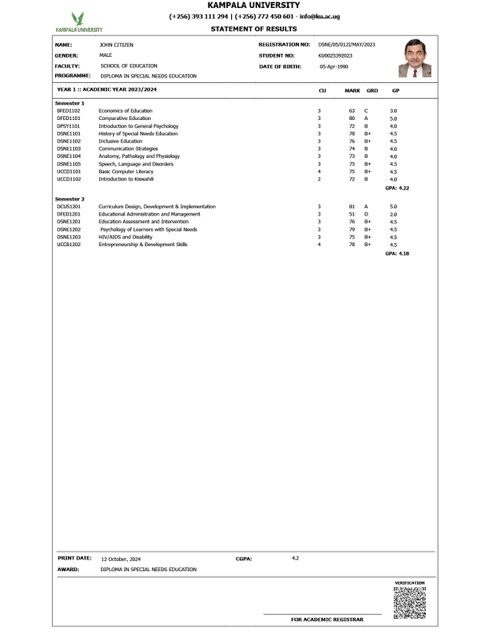 Kampala University statement of results Word and PDF template