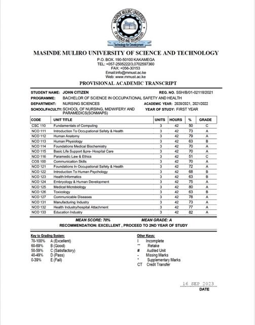 Masinde Muliro University of Science and Technology provisional academic transcript Word and PDF template