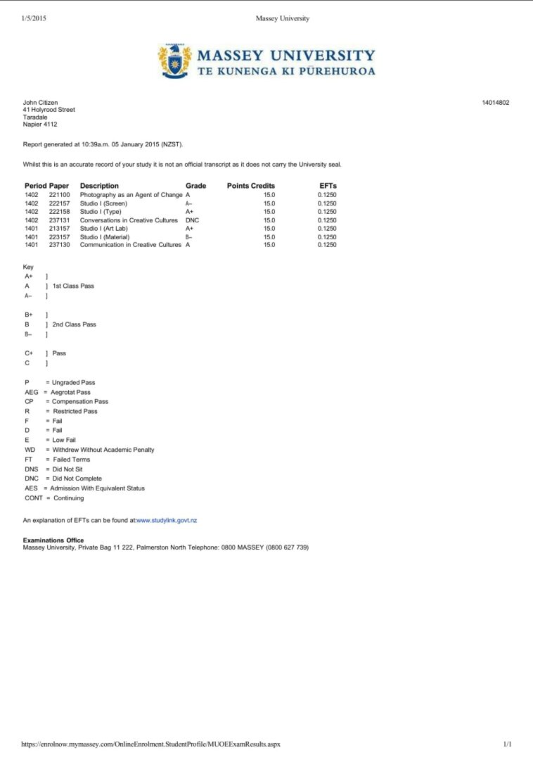 Massey University academic transcript Word and PDF template