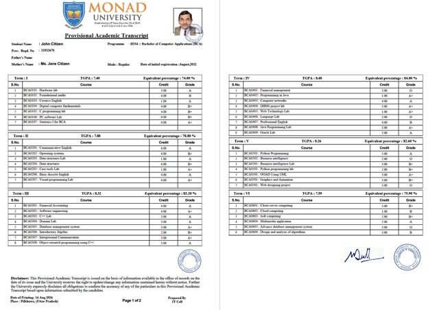 Monad University provisional academic transcript Word and PDF template, 2 pages
