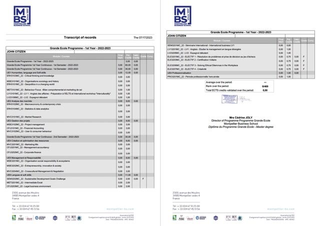 Montpellier Business School transcript of records Word and PDF template, 2 pages
