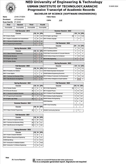 NED University of Engineering & Technology progressive transcript of academic records Word and PDF template