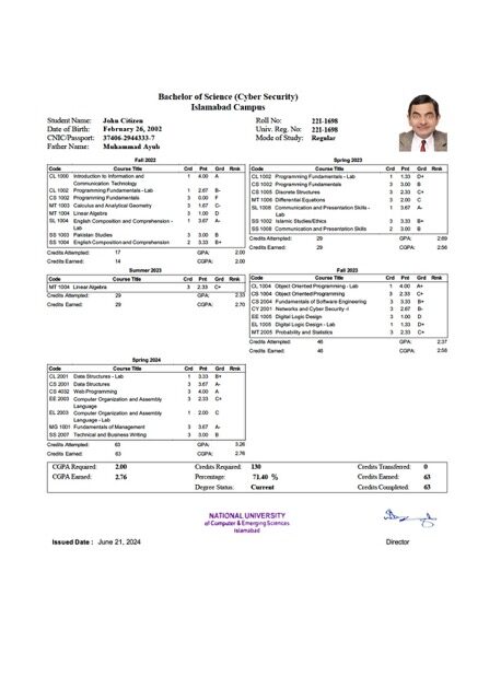 National University of Computer and Emerging Sciences Islamabad Campus transcript Word and PDF template