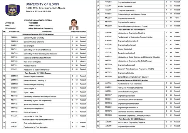 Nigeria University of Ilorin student's academic records Word and PDF template, 2 pages