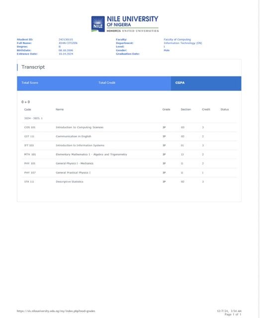 Nile University of Nigeria transcript Word and PDF template