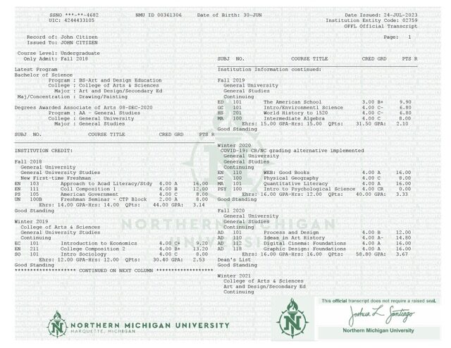 Northern Michigan University official transcript Word and PDF template