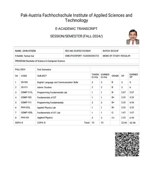 Pak-Austria Fachhochschule Institute of Applied Sciences and Technology e-academic transcript Word and PDF template