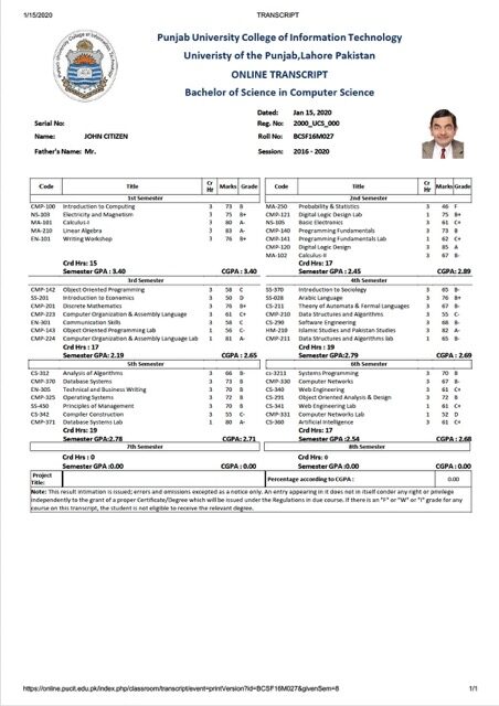 Pakistan Punjab University College of Information Technology online transcript Word and PDF template