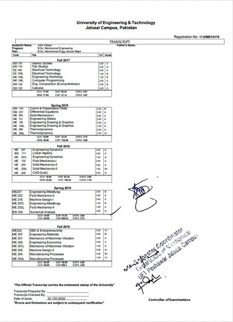 Pakistan University of Engineering & Technology Jalozai Campus transcript Word and PDF template