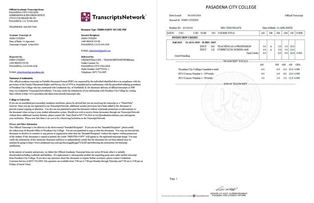 Pasadena City College official academic transcript Word and PDF template, 2 pages