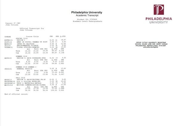 Philadelphia University academic transcript Word and PDF template