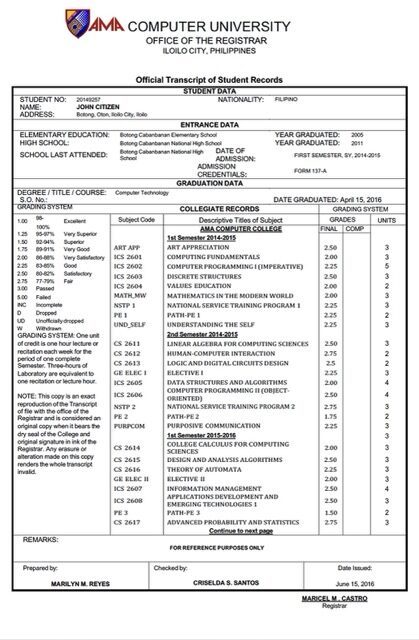 Philippines AMA Computer University official transcript of student records Word and PDF template