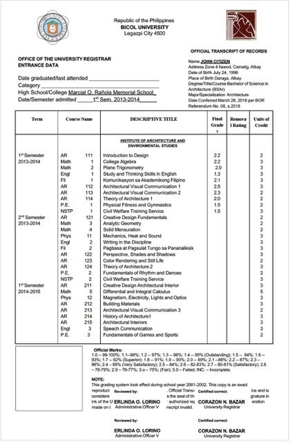 Philippines Bicol University official transcript of records Word and PDF template