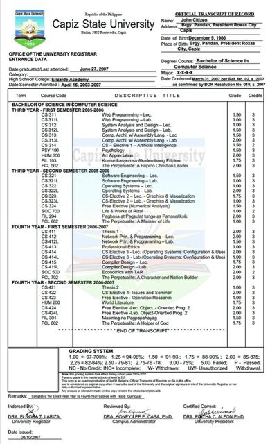 Philippines Capiz State University official transcript of records Word and PDF template