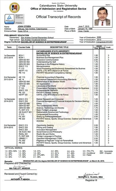 Philippines Catanduanes State University official transcript of records Word and PDF template