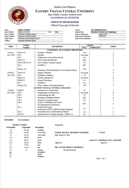 Philippines Eastern Visayas State University official transcript of records Word and PDF template