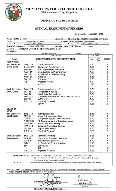 Philippines Muntinlupa Polytechnic College official transcript of records Word and PDF template