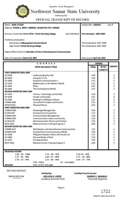 Philippines Northwest Samar State University official transcript of record Word and PDF template