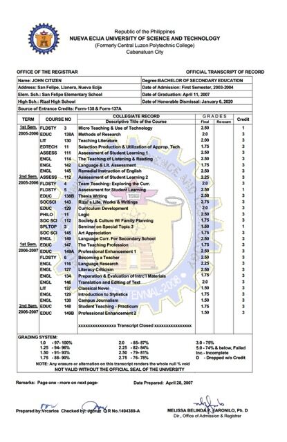 Philippines Nueva Ecija University of Science and Technology official transcript of record Word and PDF template