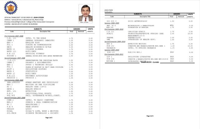 Philippines Nueva Ecija University of Science and Technology official transcript of records Word and PDF template, 2 pages