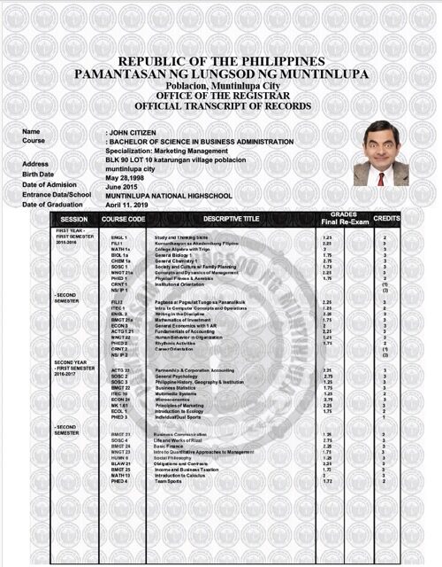Philippines Pamantasan ng Lungsod ng Muntinlupa official transcript of records Word and PDF template