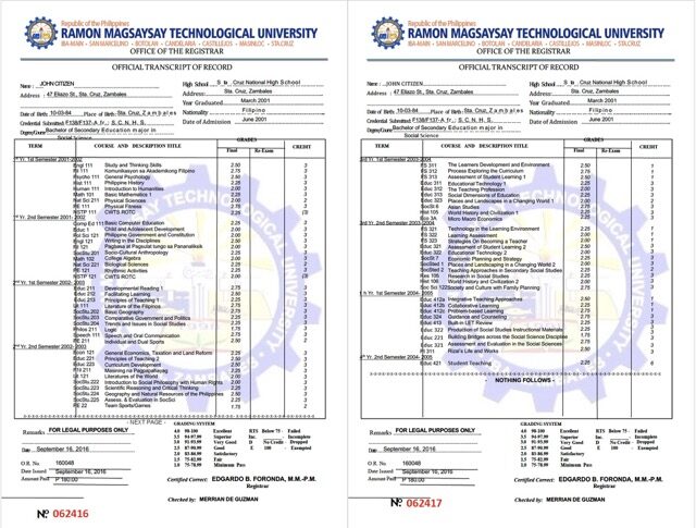 Philippines Ramon Magsaysay Technological University official transcript of record Word and PDF template, 2 pages