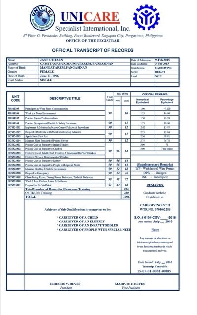 Philippines Unicare Specialist International official transcript of records Word and PDF template