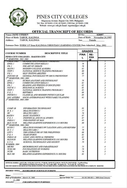 Pines City Colleges official transcript of records Word and PDF template