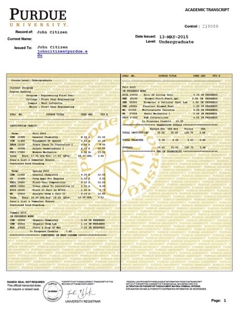 Purdue University academic transcript Word and PDF template