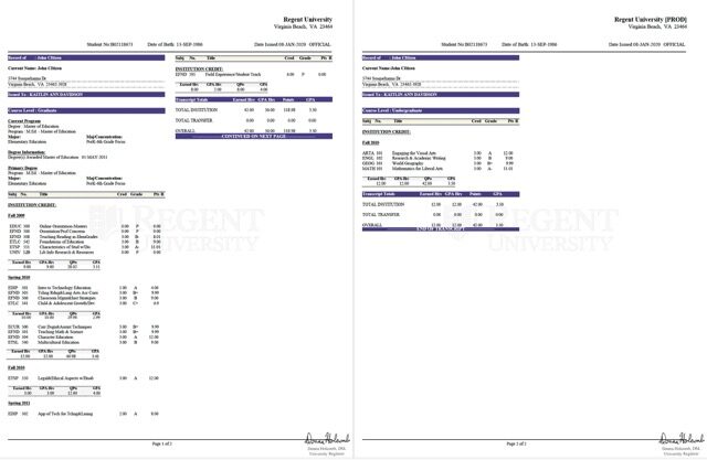 Regent University transcript Word and PDF template, 2 pages