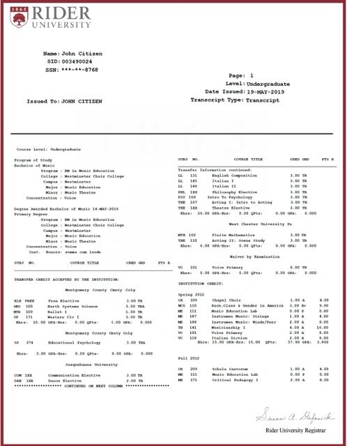 Rider University transcript Word and PDF template