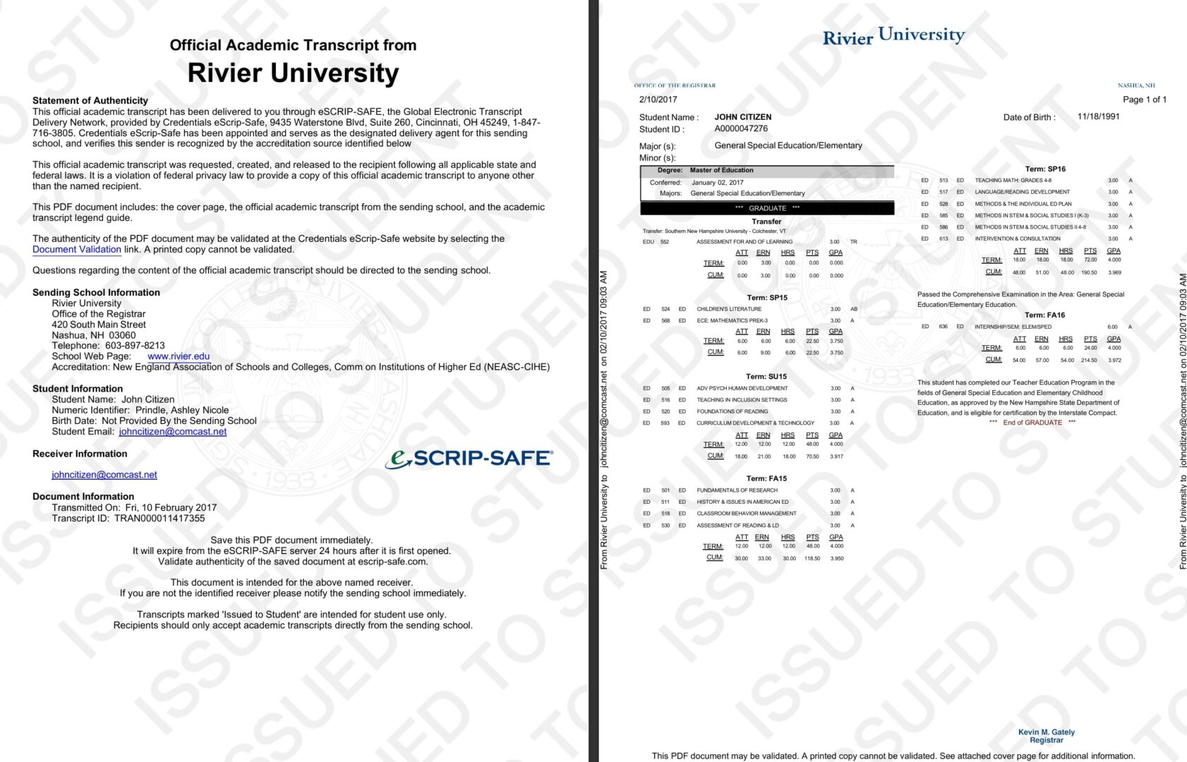Rivier University official academic transcript Word and PDF template, 2 pages