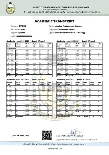 Rwanda INES-Ruhengeri academic transcript Word and PDF template