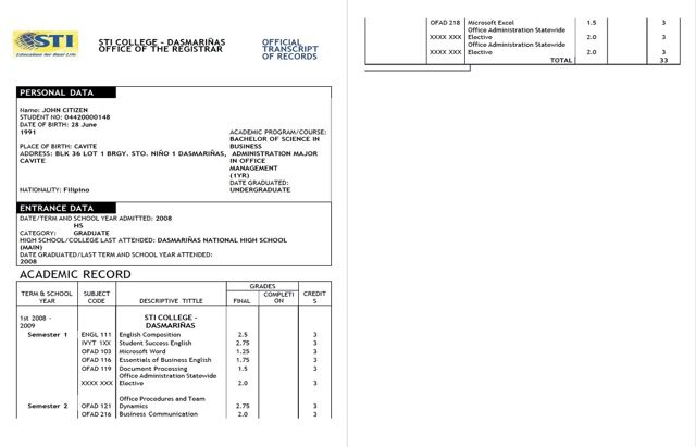 STI College Dasmariñas official transcript of records Word and PDF template, 2 pages