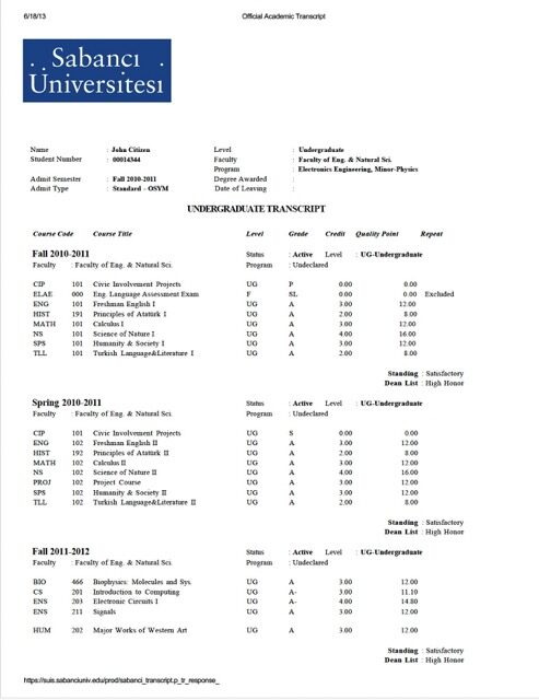 Sabanci University official academic transcript Word and PDF template
