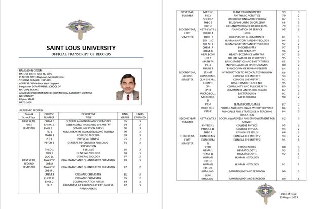 Saint Louis University official transcript of records Word and PDF template, 2 pages