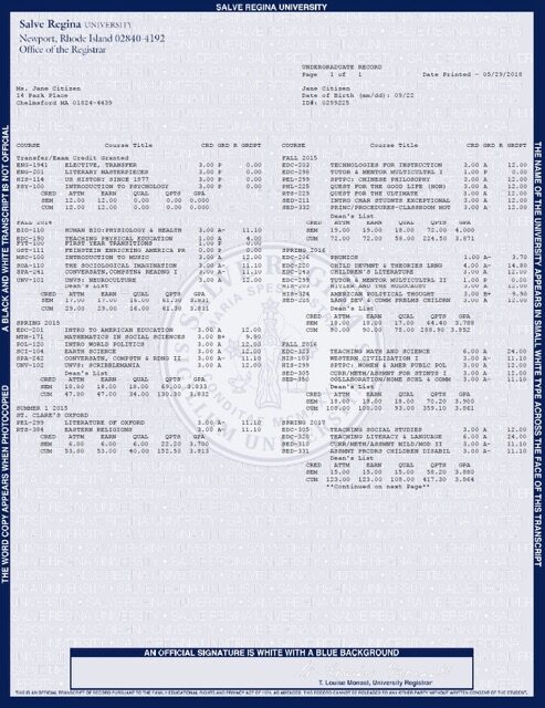 Salve Regina University undergraduate record Word and PDF template