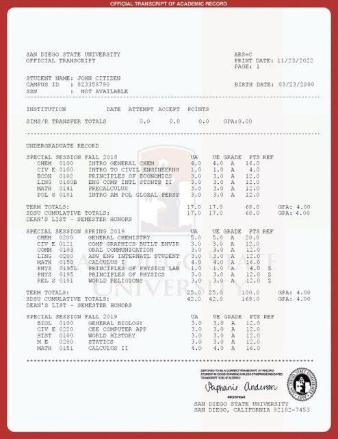 San Diego State University official transcript Word and PDF template
