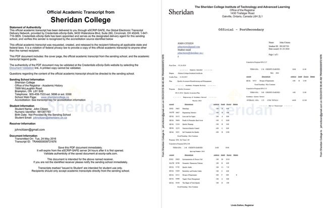 Sheridan College official academic transcript Word and PDF template, 2 pages