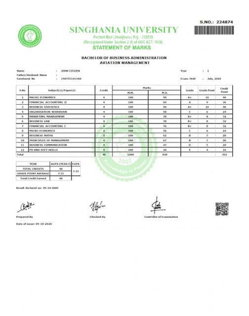 Singhania University statement of marks Word and PDF template