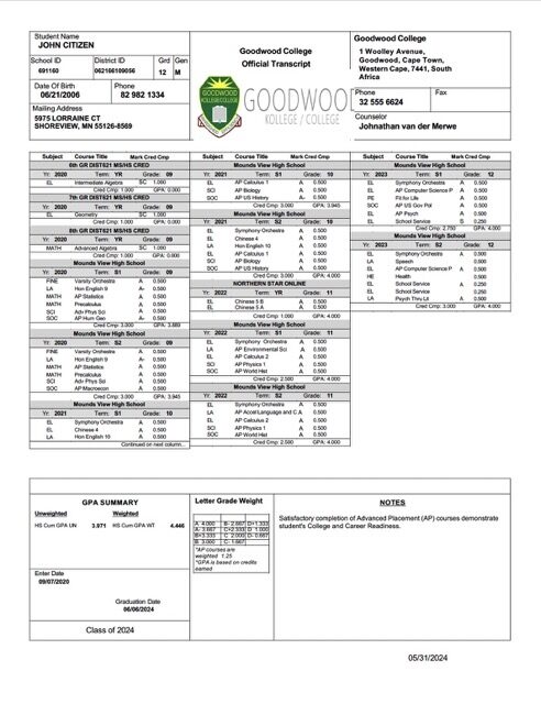 South Africa Goodwood College official transcript Word and PDF template