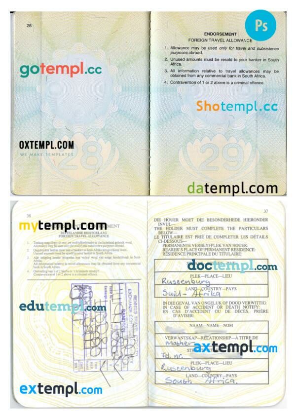South Africa passport address pages PSD templates